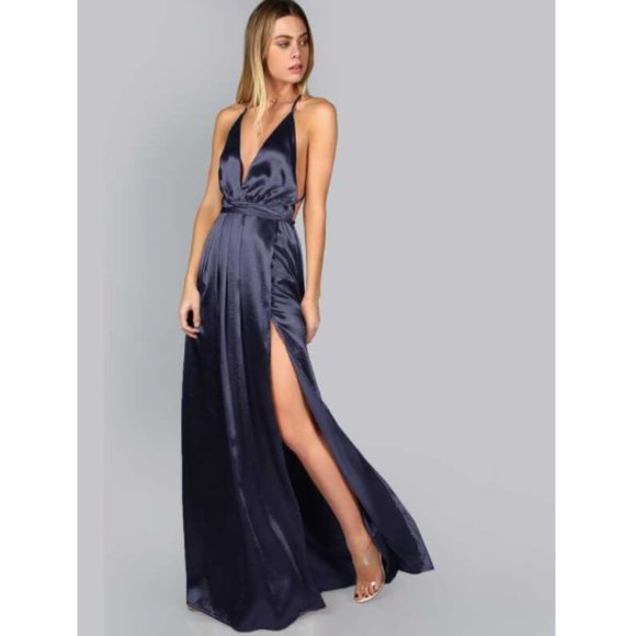 Dresses & Skirts - Navy Plunge Neck Backless Thigh Slit Satin Dress